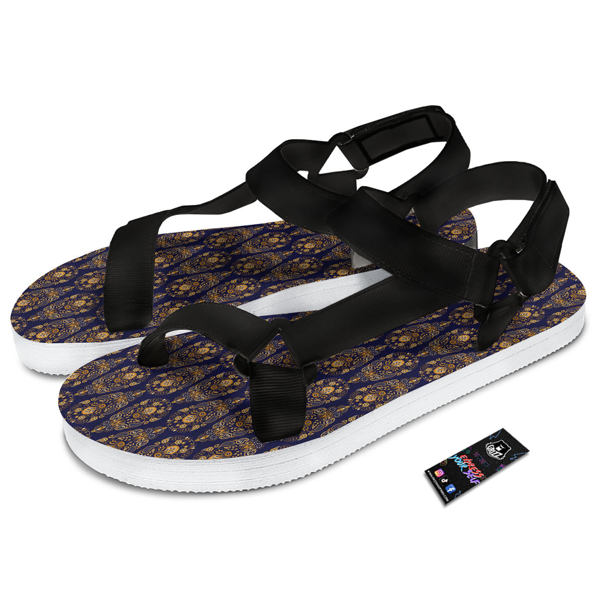 Paisley Blue And Gold Print Pattern Black Open Toe Sandals-grizzshop