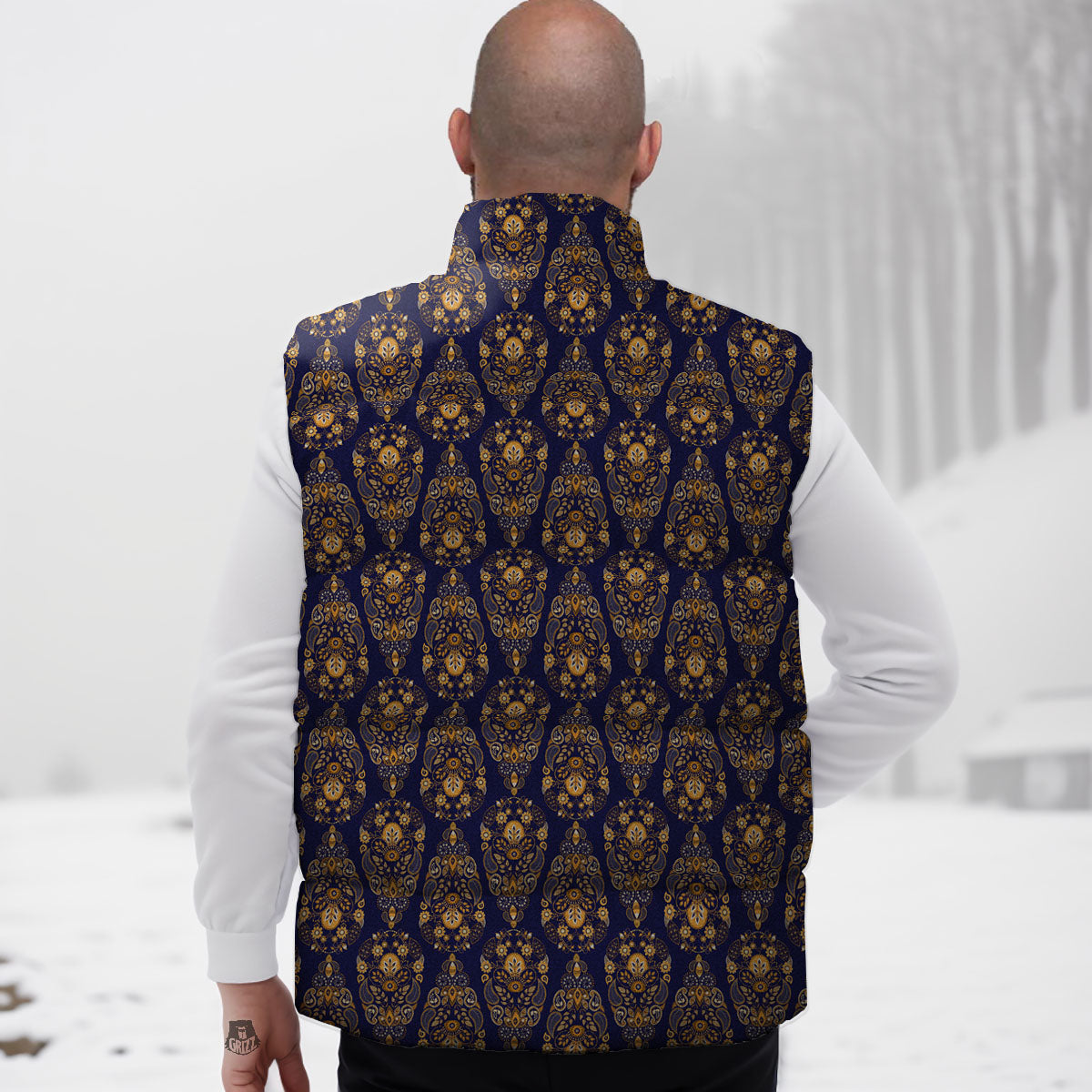 Paisley Blue And Gold Print Pattern Down Vest