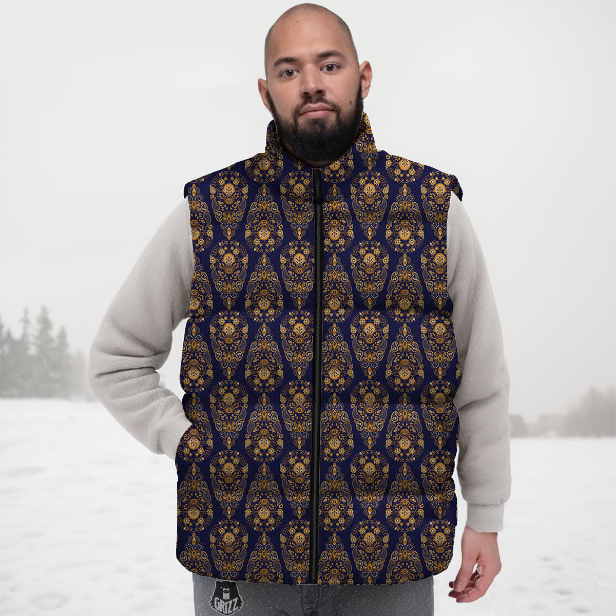 Paisley Blue And Gold Print Pattern Down Vest