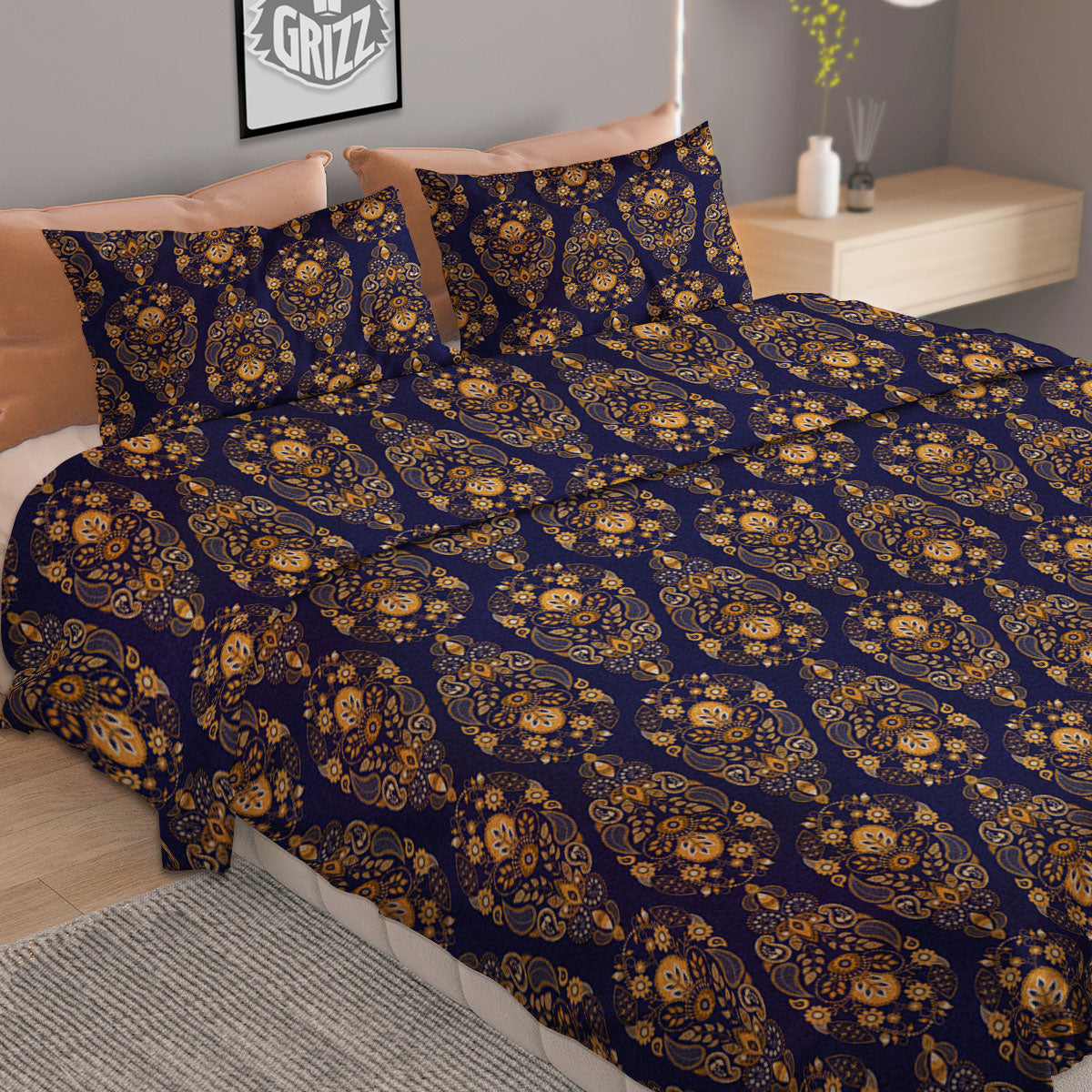 Paisley Blue And Gold Print Pattern Duvet Cover Bedding Set