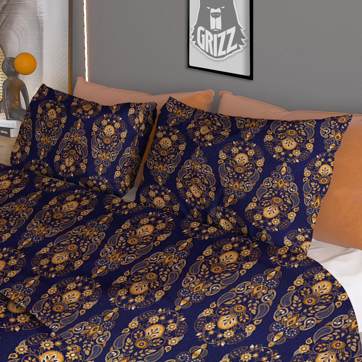 Paisley Blue And Gold Print Pattern Duvet Cover Bedding Set