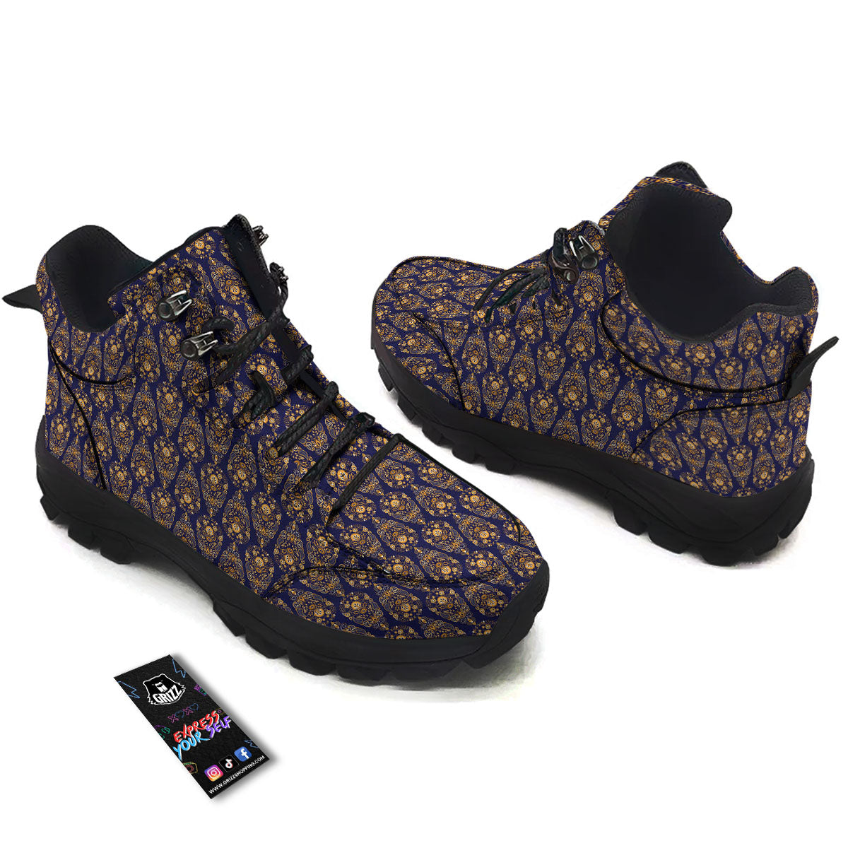 Paisley Blue And Gold Print Pattern Hiking Shoes-grizzshop