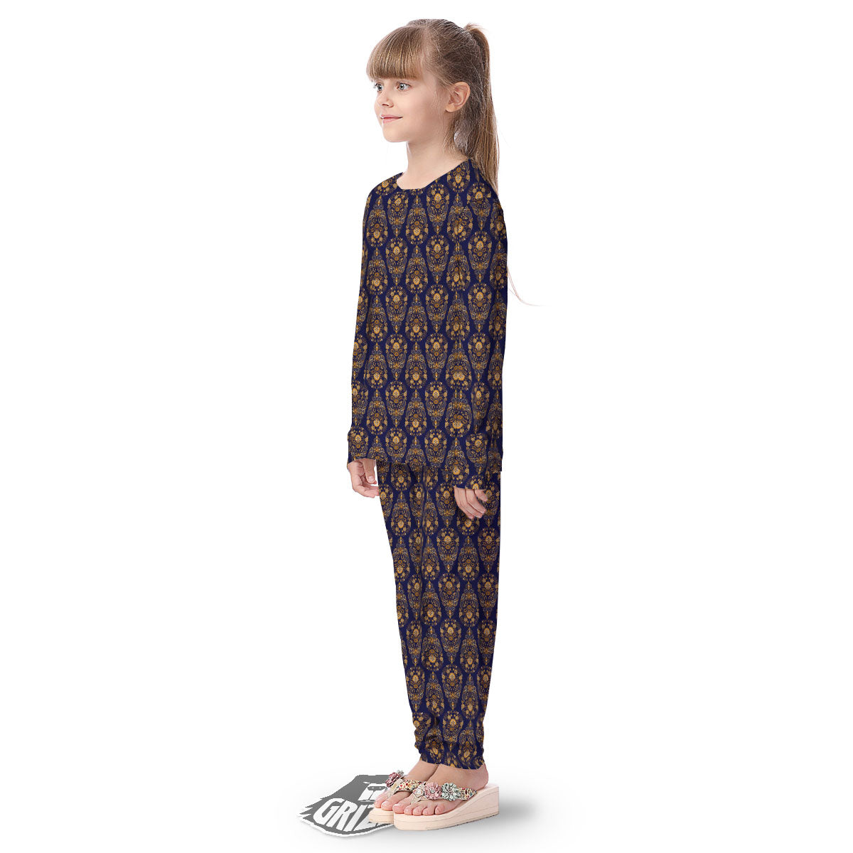 Paisley Blue And Gold Print Pattern Kid's Pajamas-grizzshop