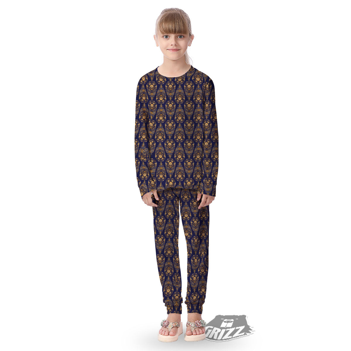 Paisley Blue And Gold Print Pattern Kid's Pajamas-grizzshop