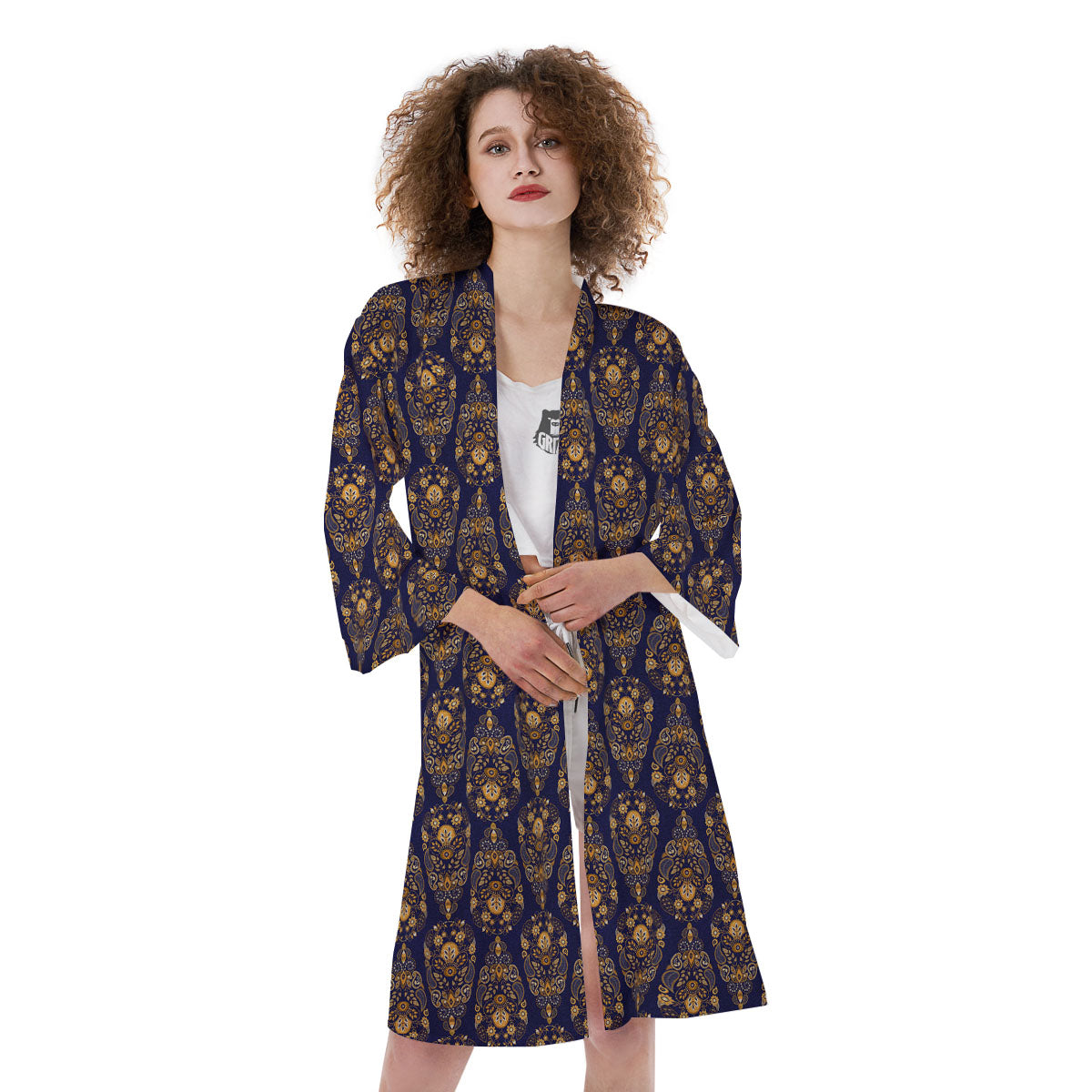 Paisley Blue And Gold Print Pattern Kimono-grizzshop