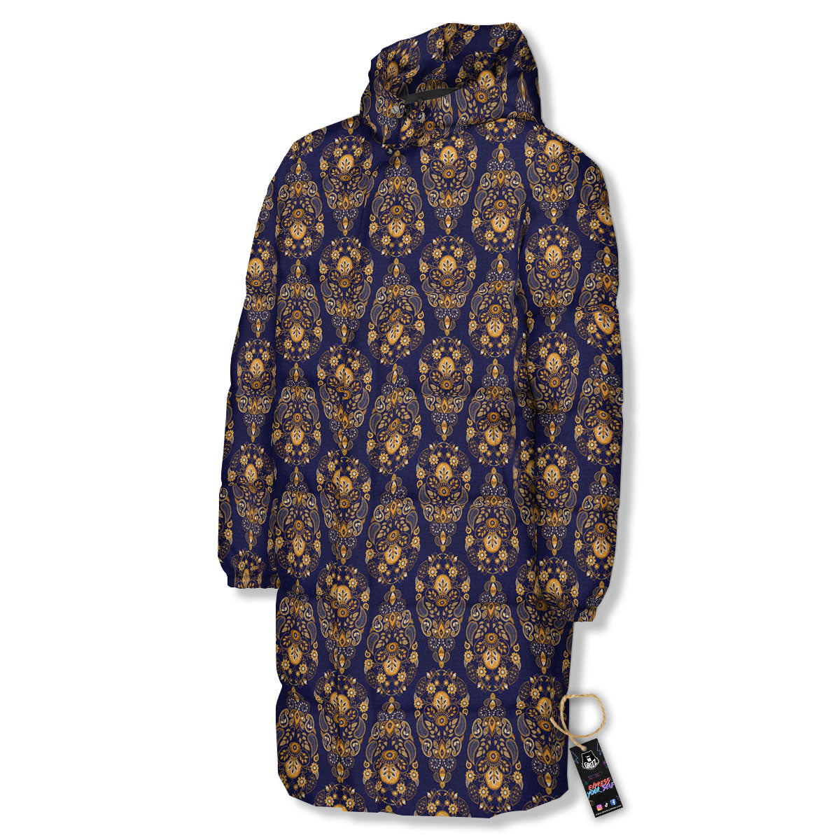 Paisley Blue And Gold Print Pattern Long Down Jacket-grizzshop