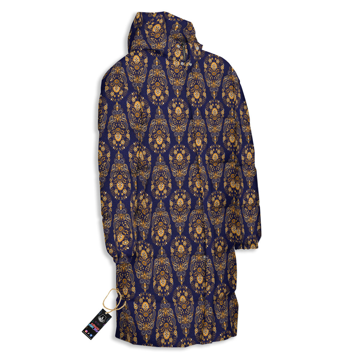 Paisley Blue And Gold Print Pattern Long Down Jacket-grizzshop