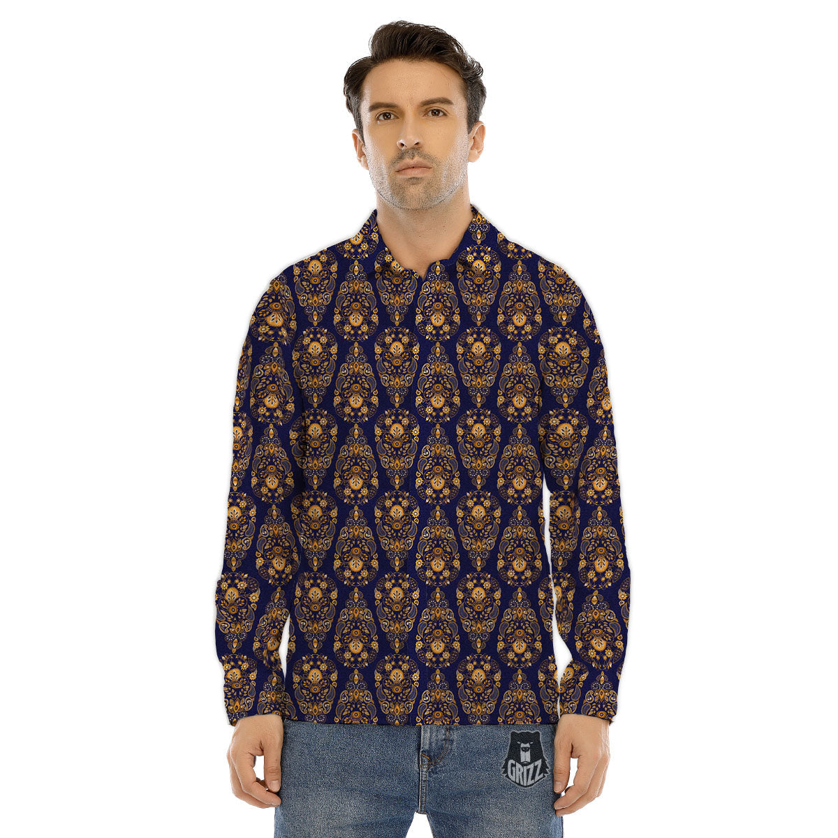 Paisley Blue And Gold Print Pattern Men's Dress Shirts-grizzshop