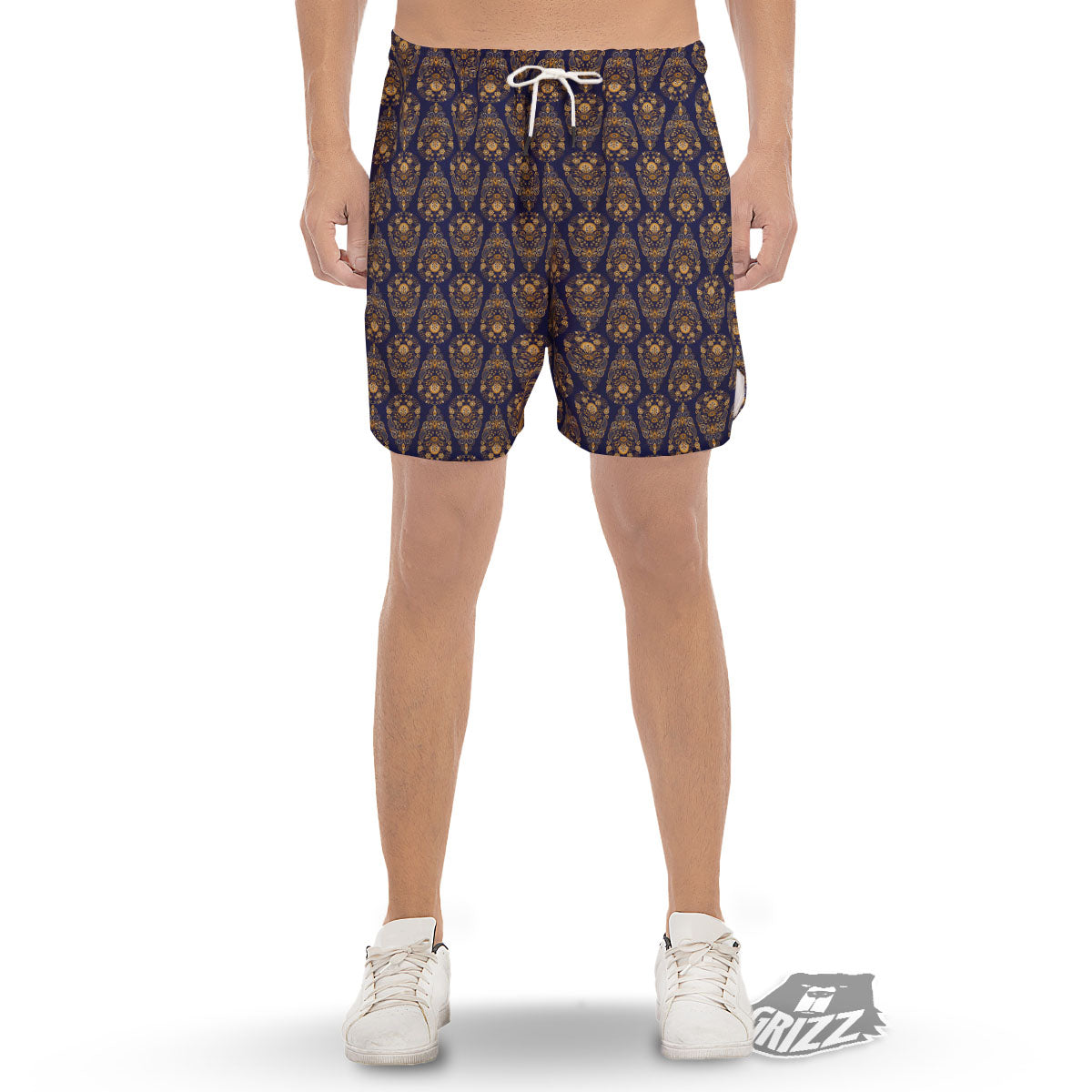 Paisley Blue And Gold Print Pattern Men's Gym Shorts-grizzshop