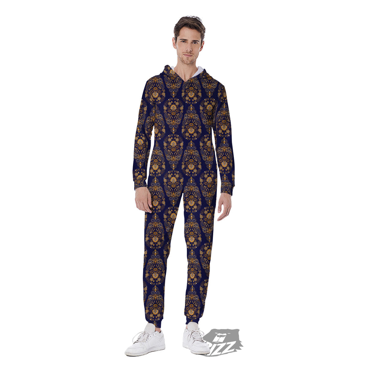 Paisley Blue And Gold Print Pattern Men's Jumpsuit-grizzshop