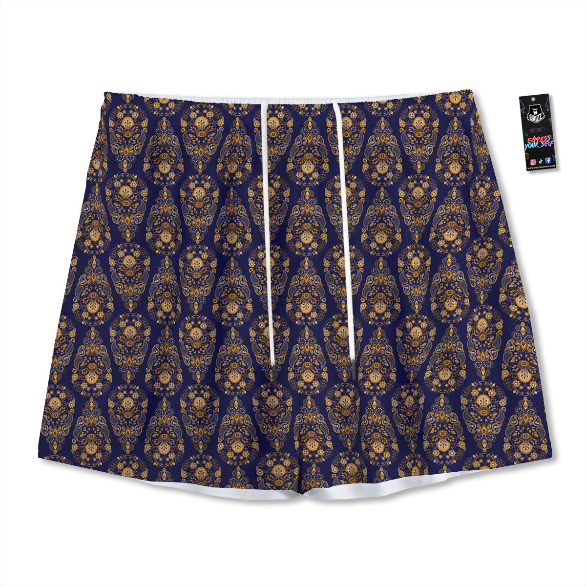 Paisley Blue And Gold Print Pattern Mesh Shorts