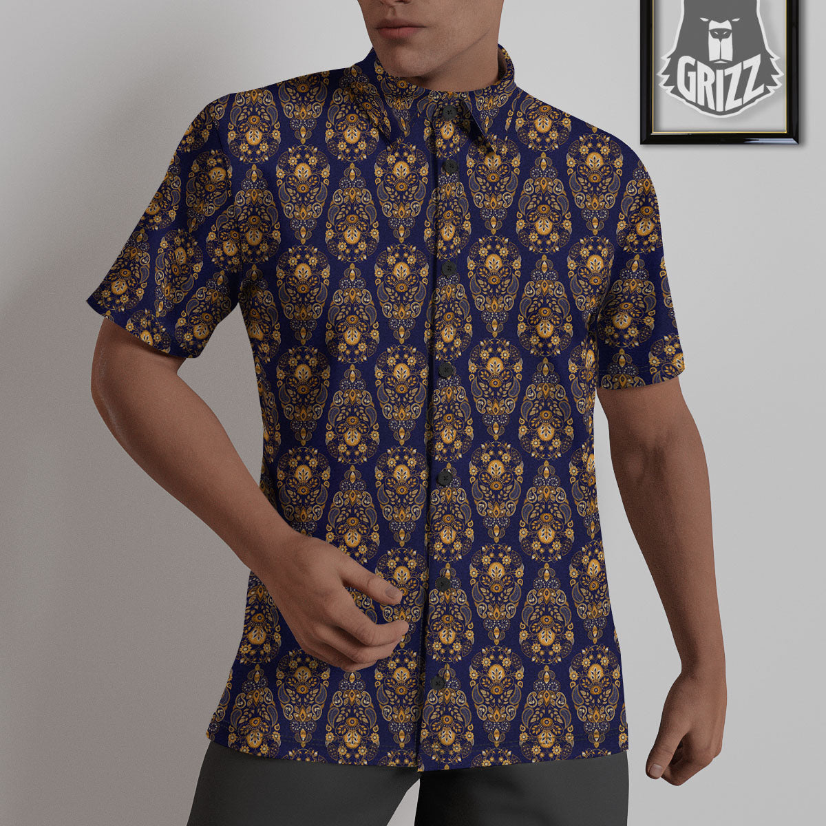 Paisley Blue And Gold Print Pattern Untucked Shirts-grizzshop