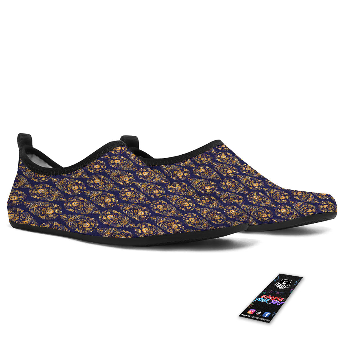 Paisley Blue And Gold Print Pattern Water Shoes-grizzshop