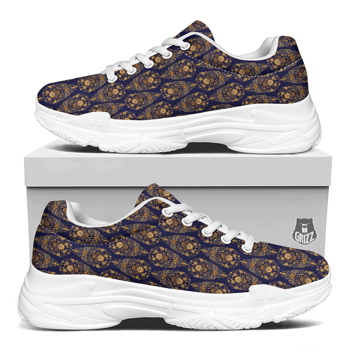 Paisley Blue And Gold Print Pattern White Chunky Shoes-grizzshop