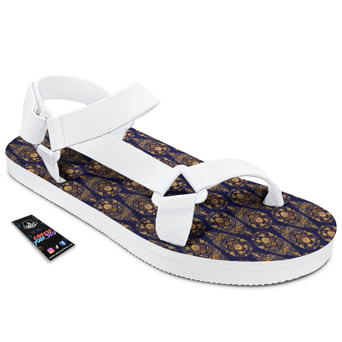 Paisley Blue And Gold Print Pattern White Open Toe Sandals-grizzshop