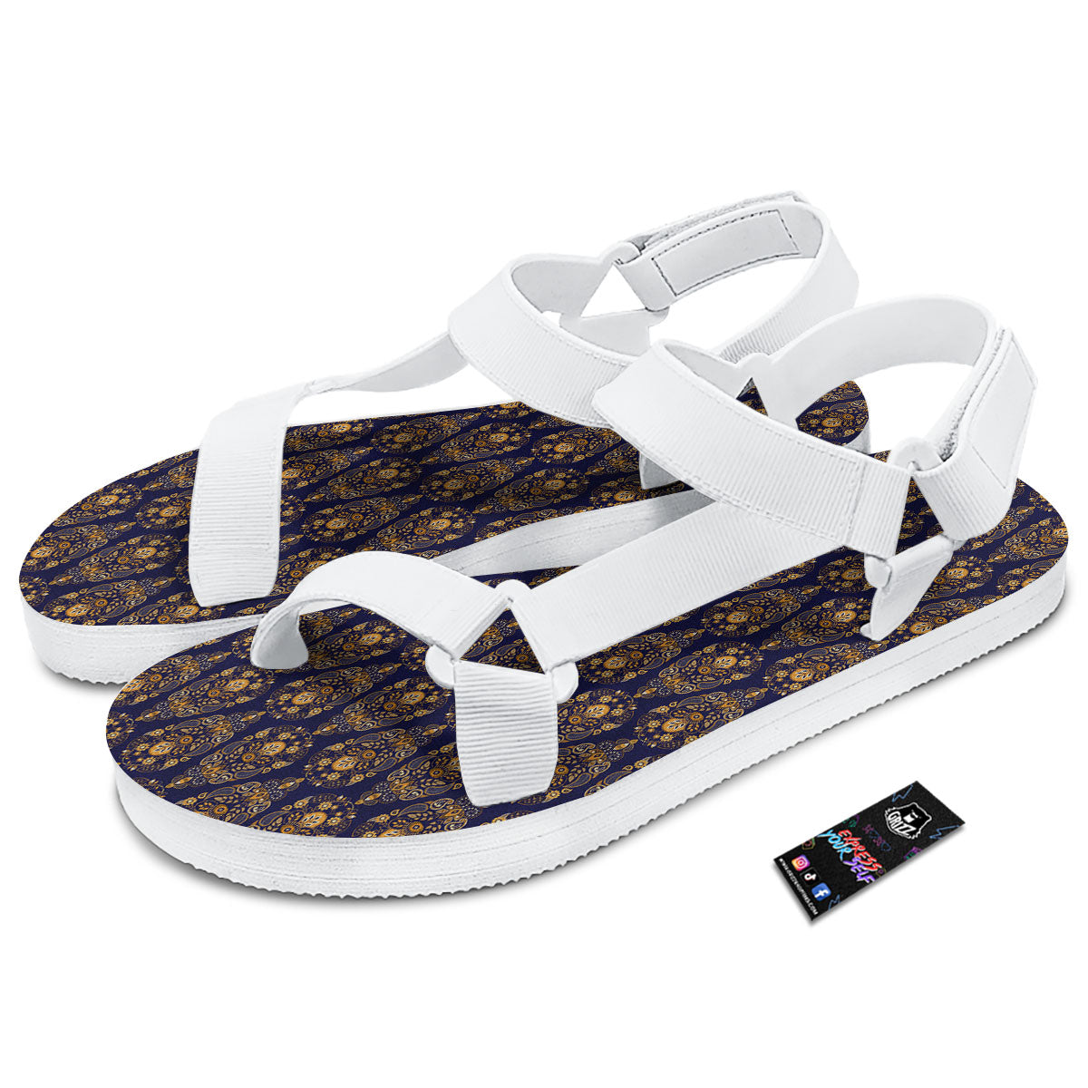 Paisley Blue And Gold Print Pattern White Open Toe Sandals-grizzshop
