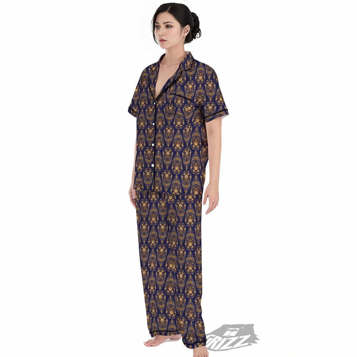 Paisley Blue And Gold Print Pattern Women's Pajamas Set-grizzshop