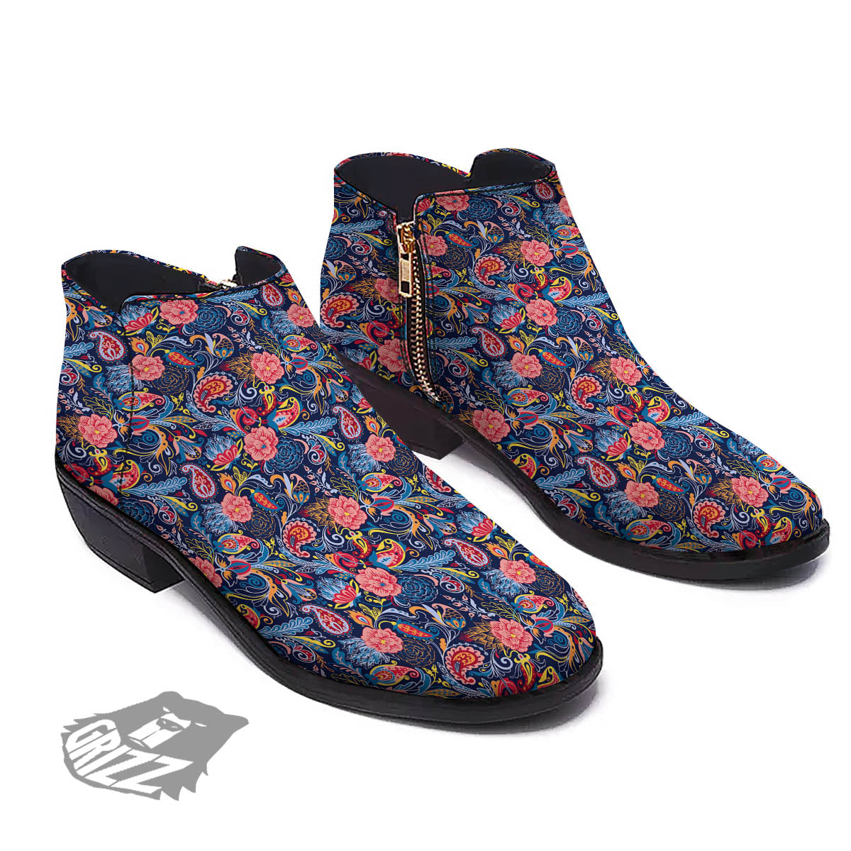 Paisley Blue Print Pattern Ankle Boots-grizzshop