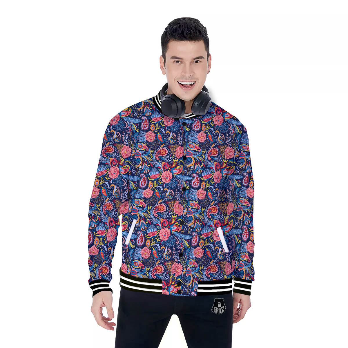Paisley Blue Print Pattern Baseball Jacket-grizzshop