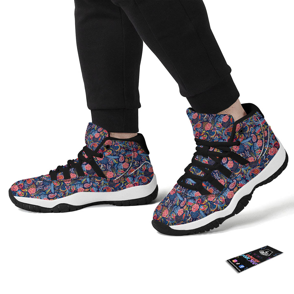 Paisley Blue Print Pattern Black Bball Shoes-grizzshop