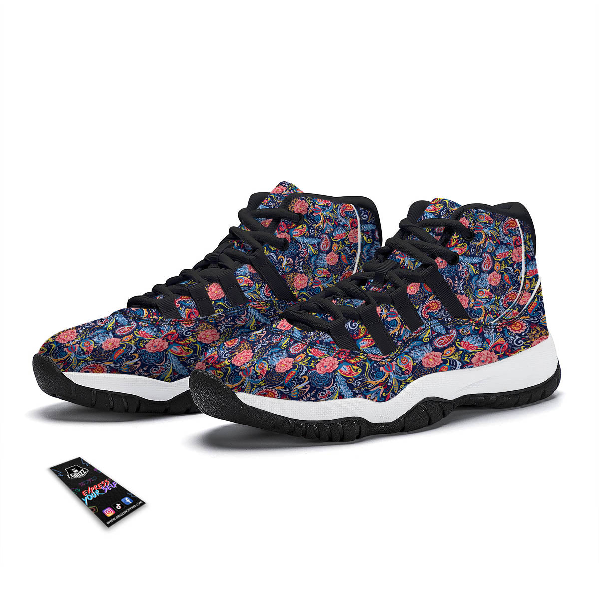 Paisley Blue Print Pattern Black Bball Shoes-grizzshop