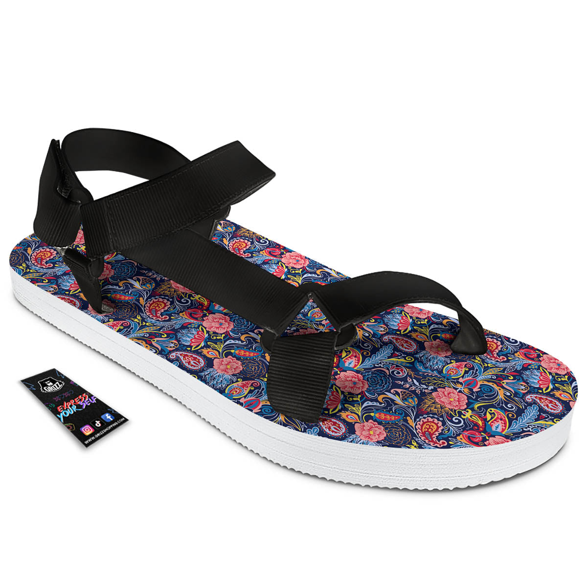 Paisley Blue Print Pattern Black Open Toe Sandals-grizzshop