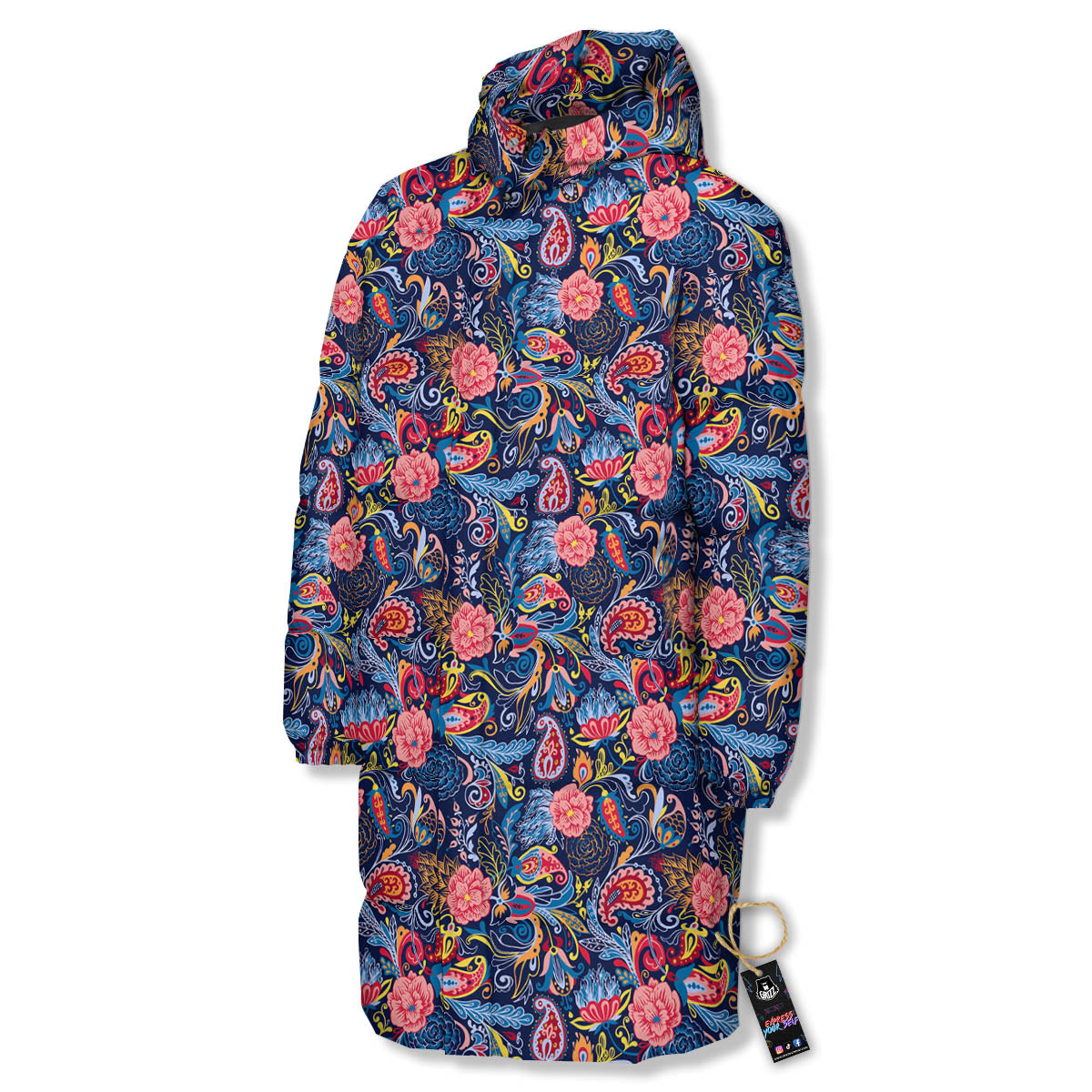 Paisley Blue Print Pattern Long Down Jacket-grizzshop