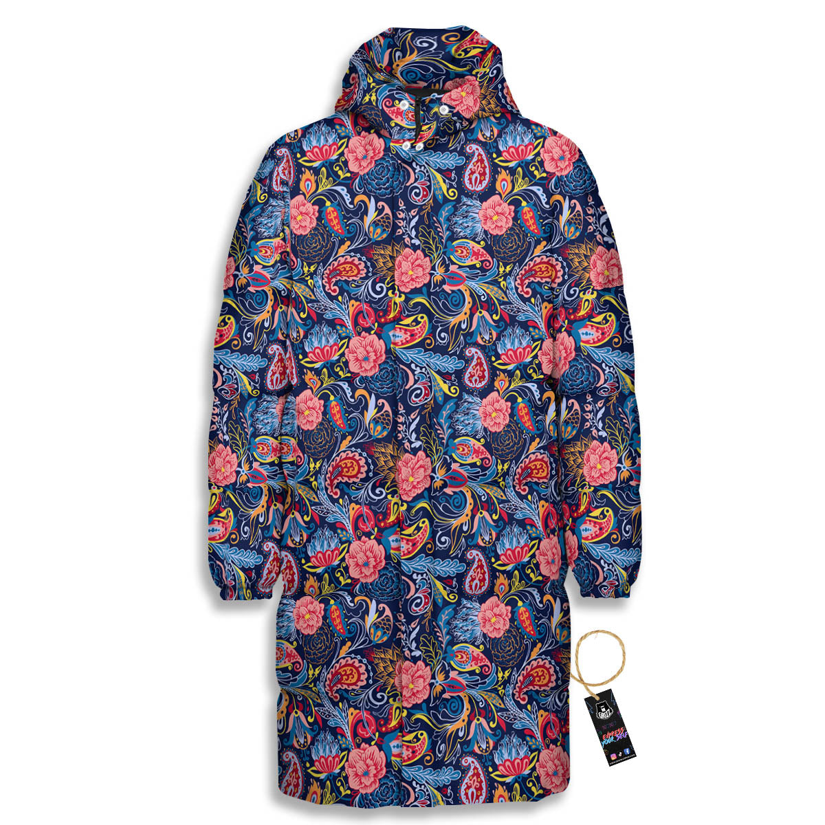 Paisley Blue Print Pattern Long Down Jacket-grizzshop