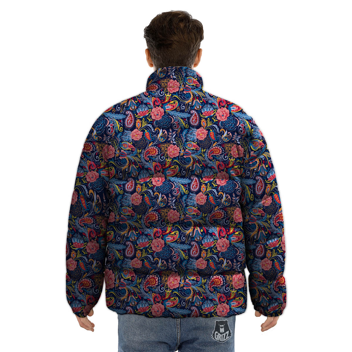 Paisley Blue Print Pattern Puffer Jacket-grizzshop