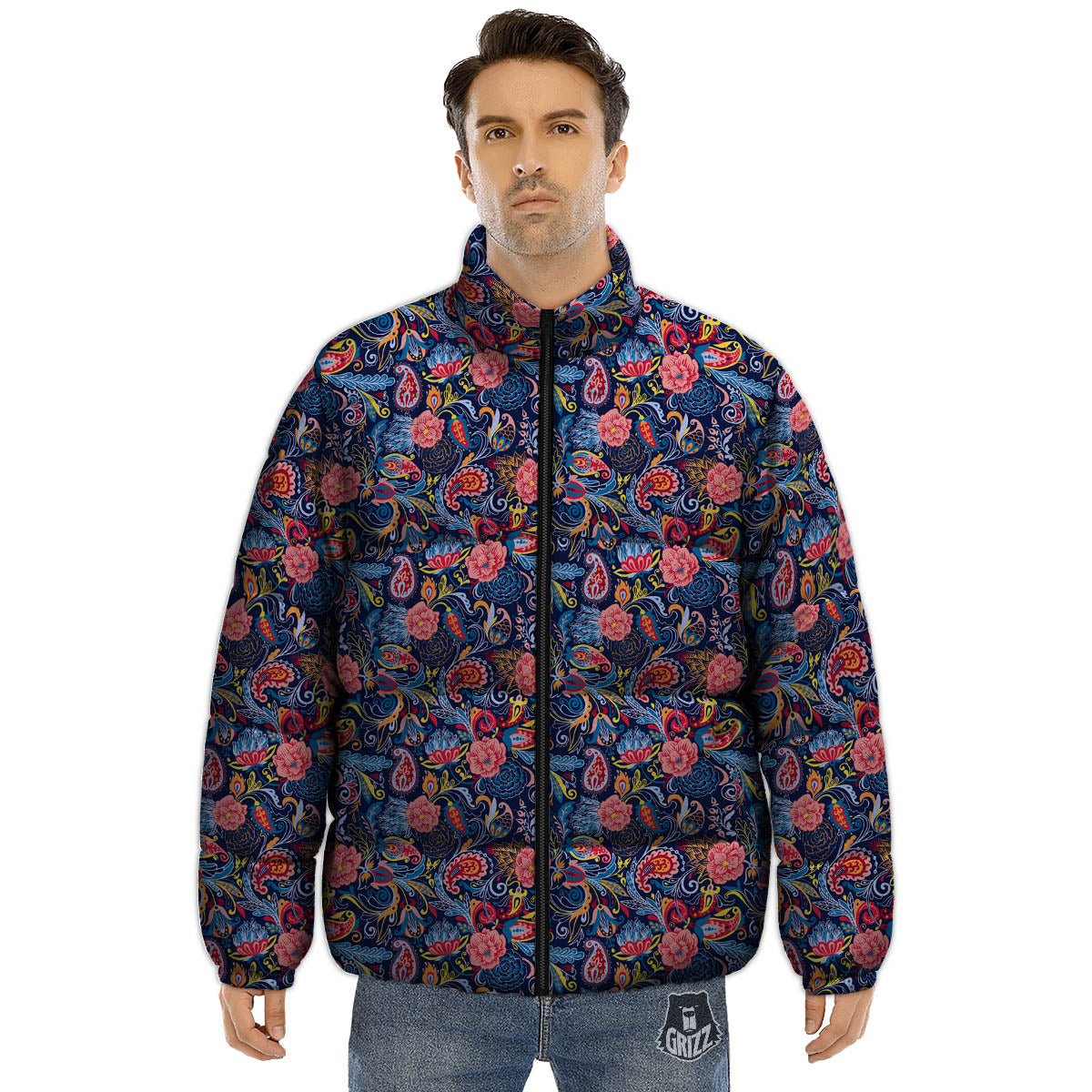 Paisley Blue Print Pattern Puffer Jacket-grizzshop