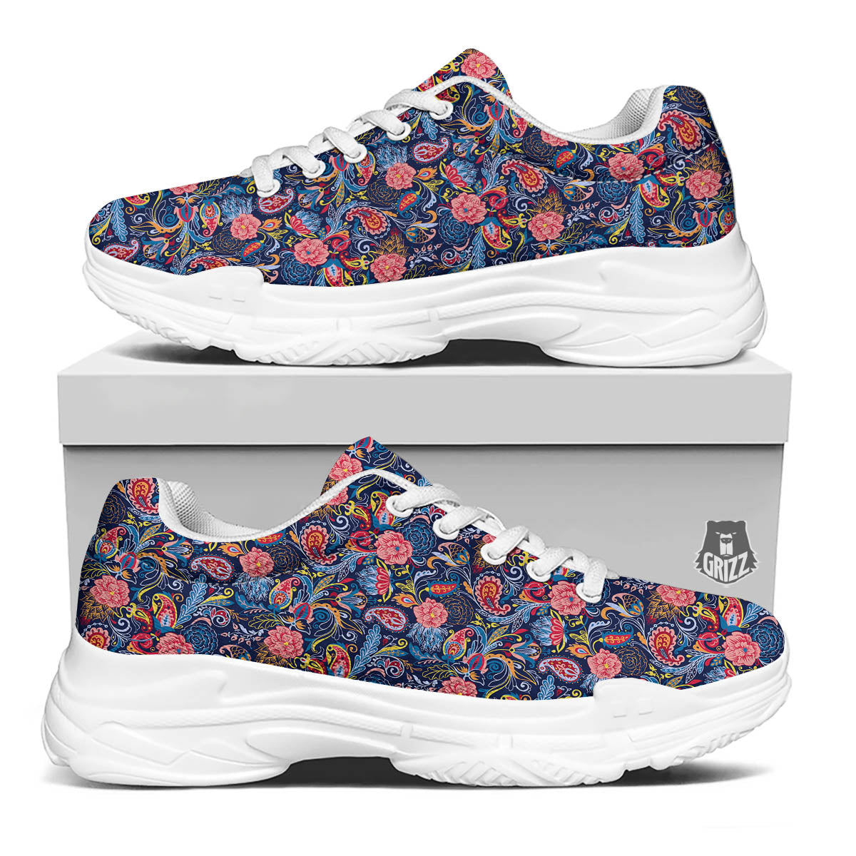 Paisley Blue Print Pattern White Chunky Shoes-grizzshop