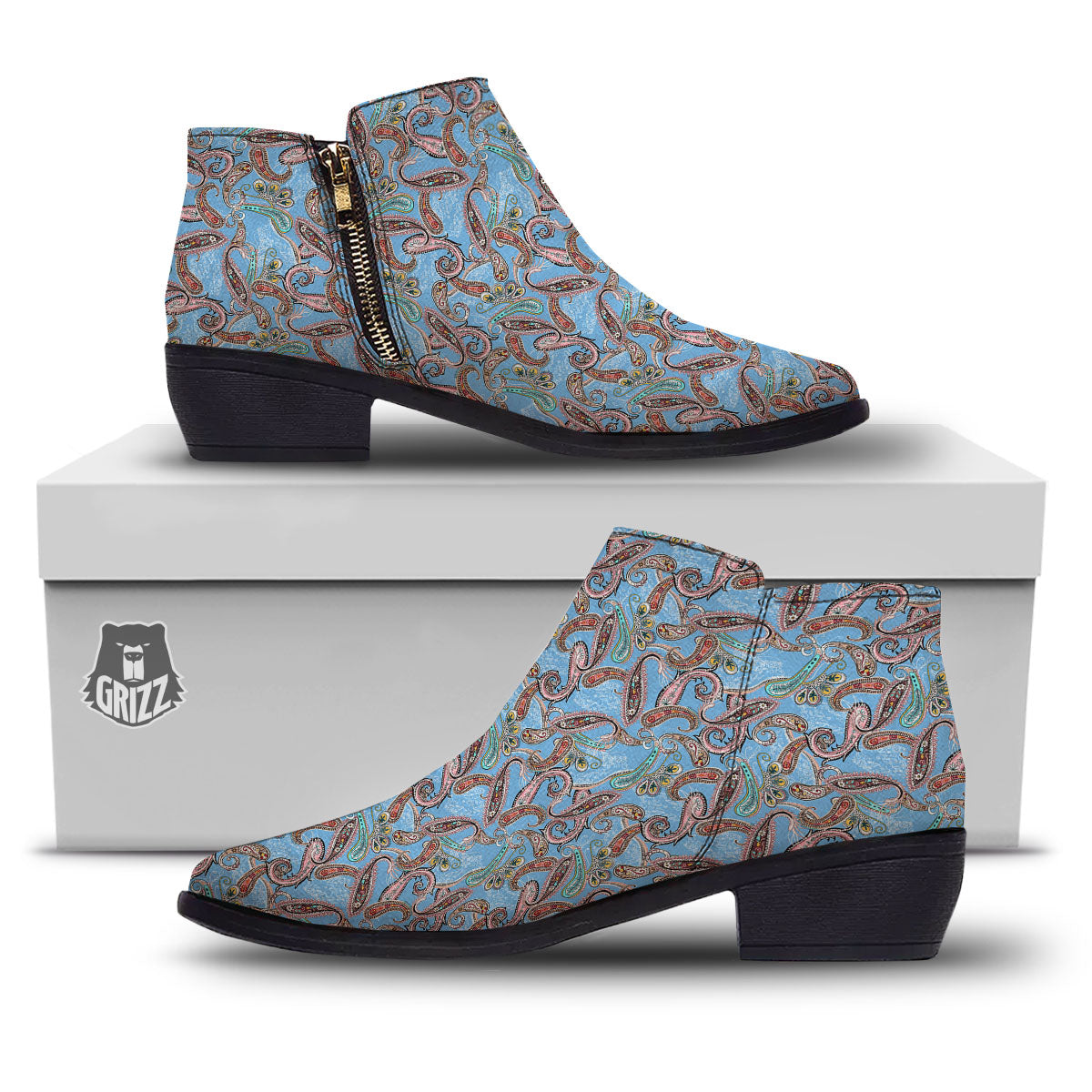 Paisley Bohemian Blue Sky Print Pattern Ankle Boots-grizzshop