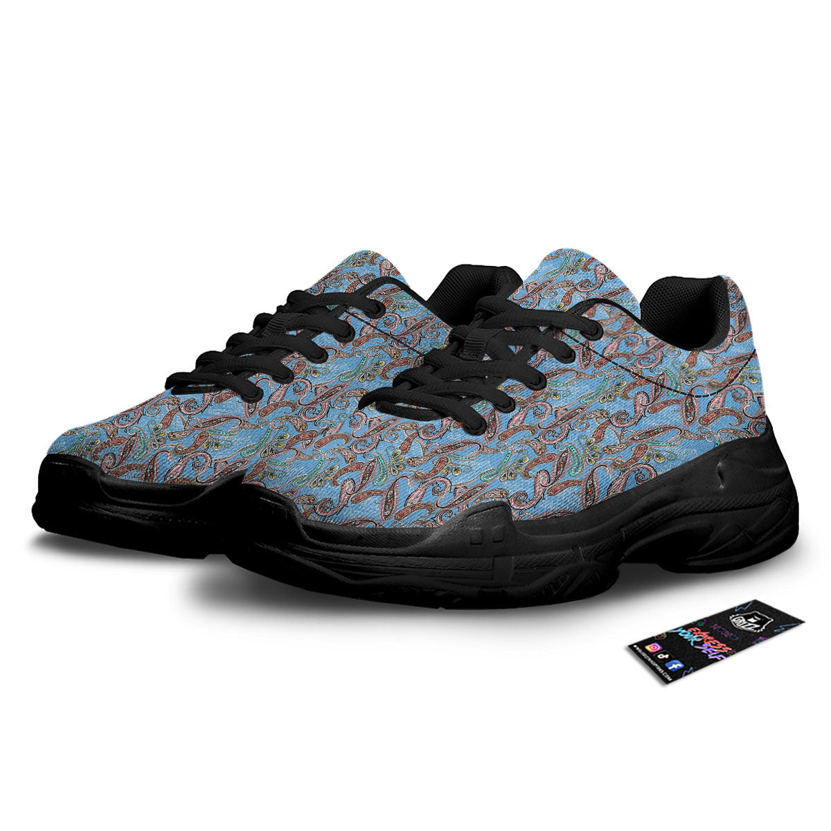Paisley Bohemian Blue Sky Print Pattern Black Chunky Shoes-grizzshop