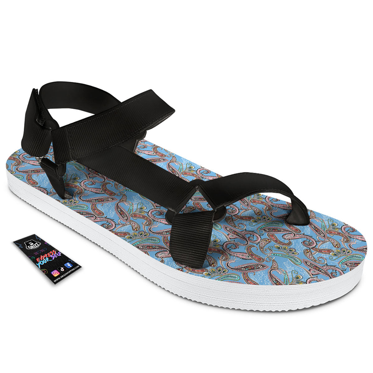 Paisley Bohemian Blue Sky Print Pattern Black Open Toe Sandals-grizzshop