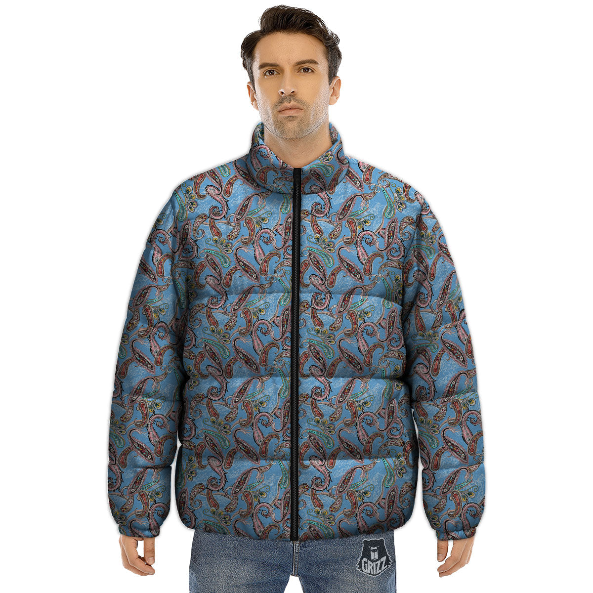 Paisley Bohemian Blue Sky Print Pattern Puffer Jacket-grizzshop