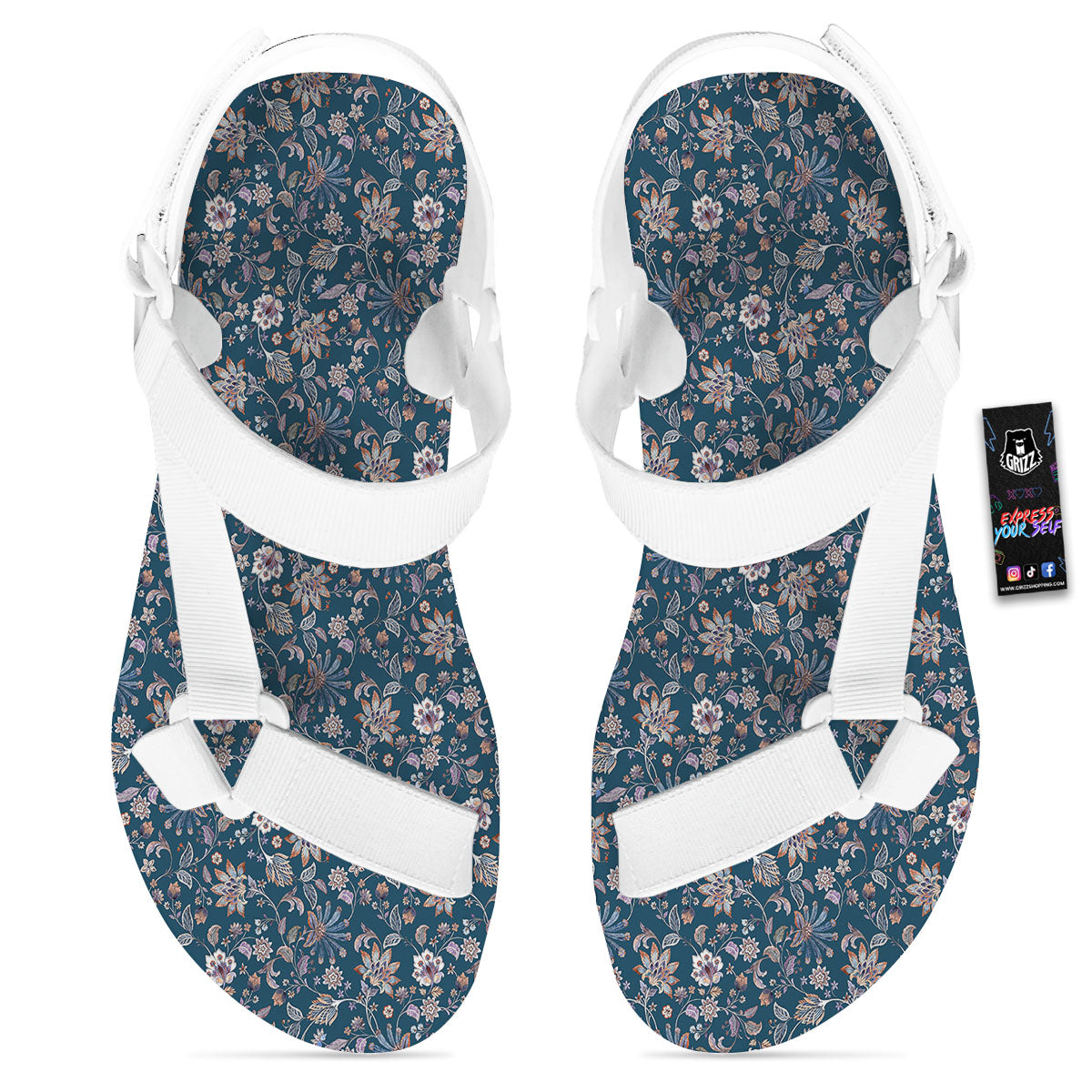 Paisley Bohemian Print Pattern White Open Toe Sandals-grizzshop