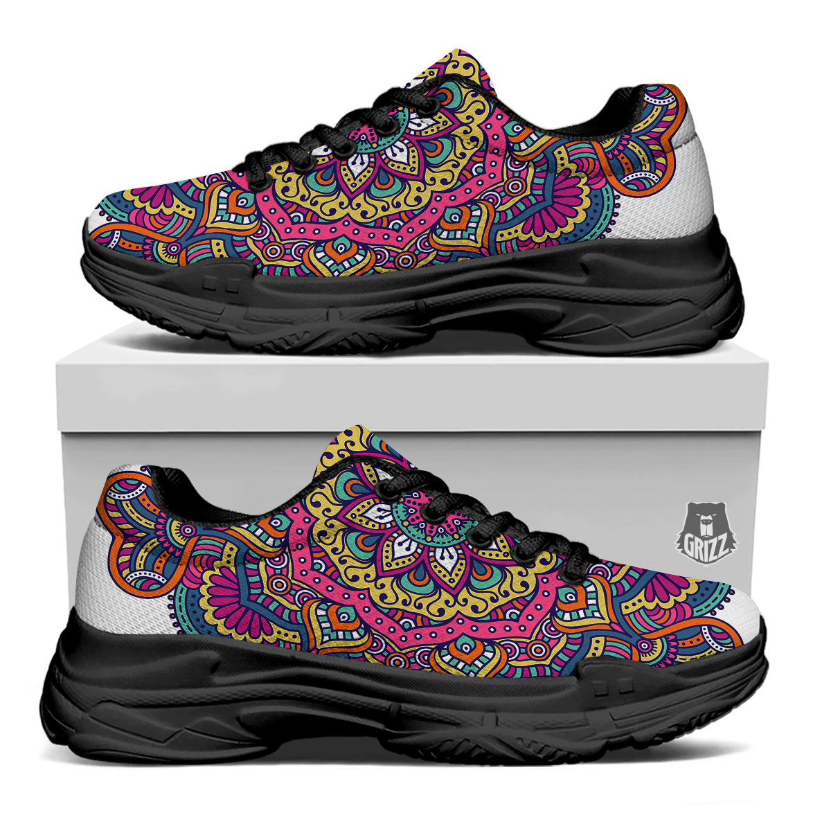 Paisley Boho Colorful Print Black Chunky Shoes-grizzshop