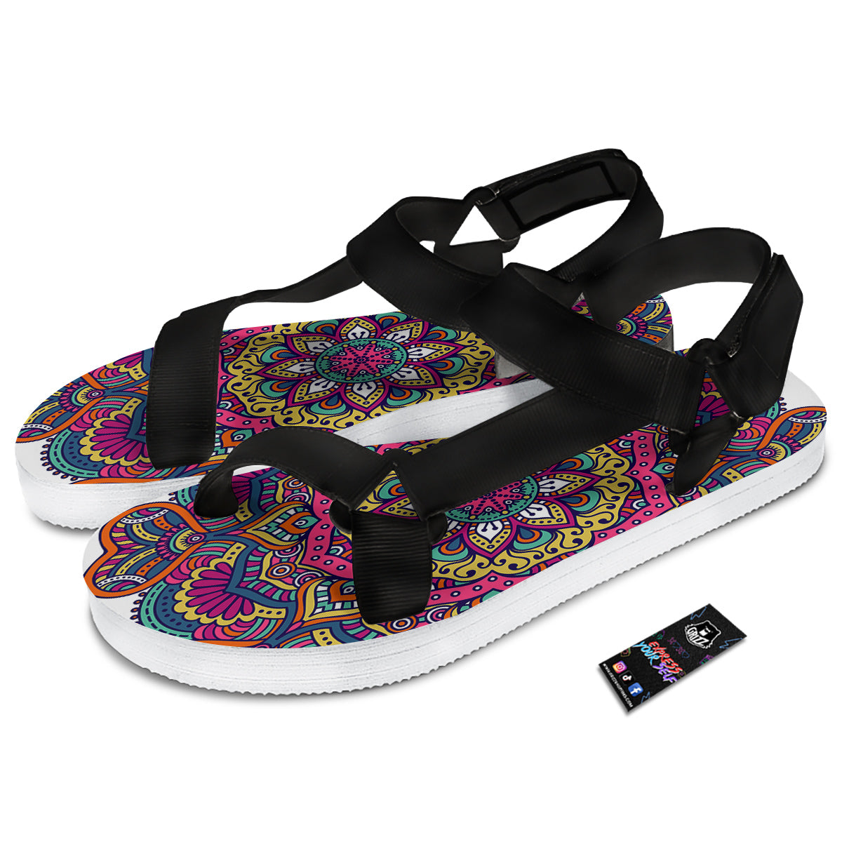 Paisley Boho Colorful Print Black Open Toe Sandals-grizzshop