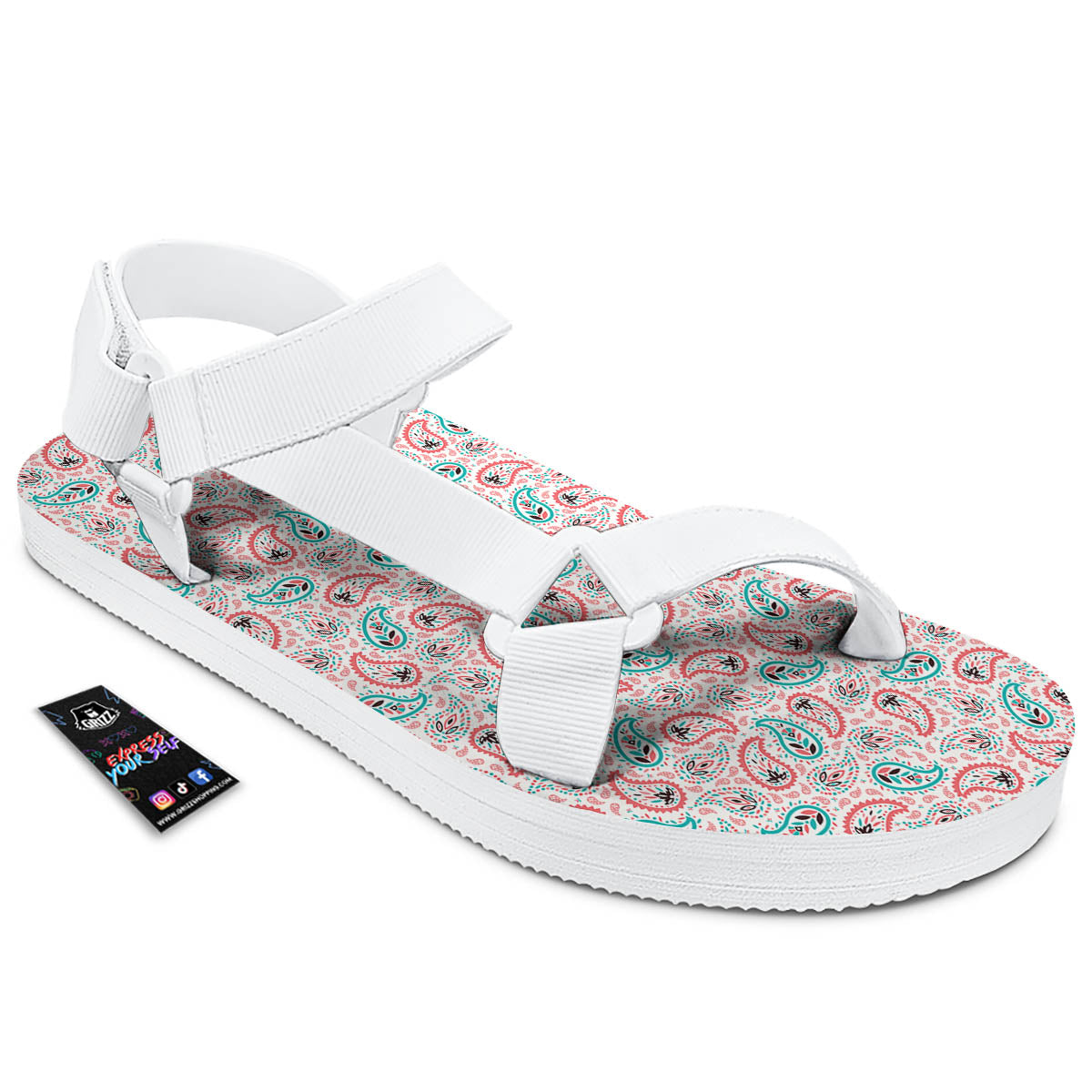 Paisley Boho Colorful Print Pattern White Open Toe Sandals-grizzshop