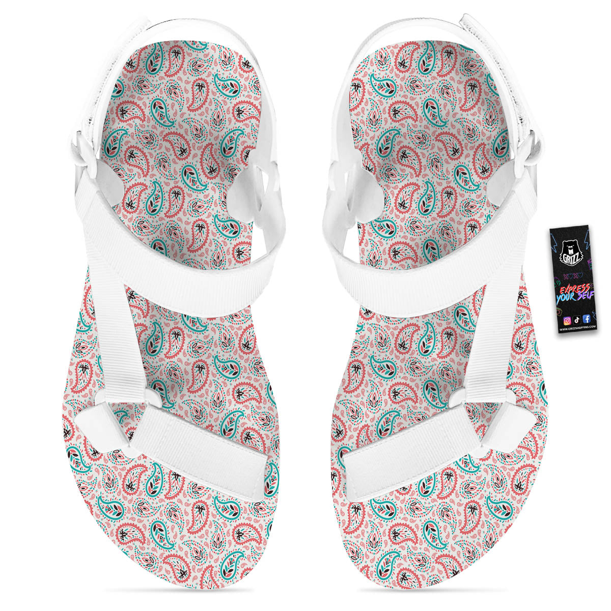 Paisley Boho Colorful Print Pattern White Open Toe Sandals-grizzshop