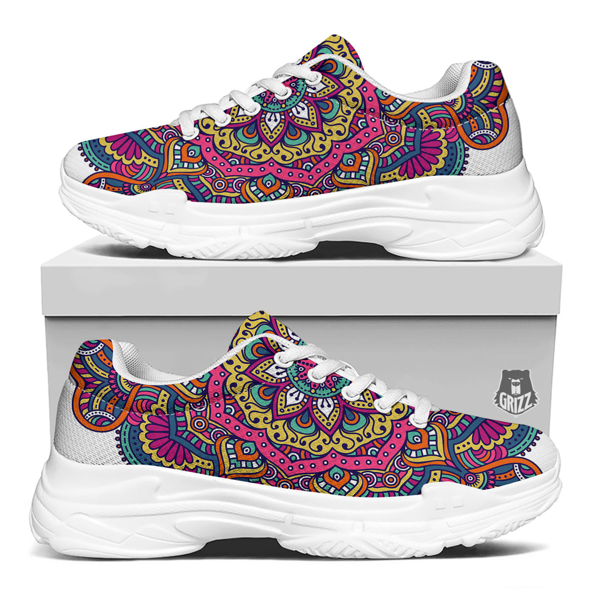 Paisley Boho Colorful Print White Chunky Shoes-grizzshop
