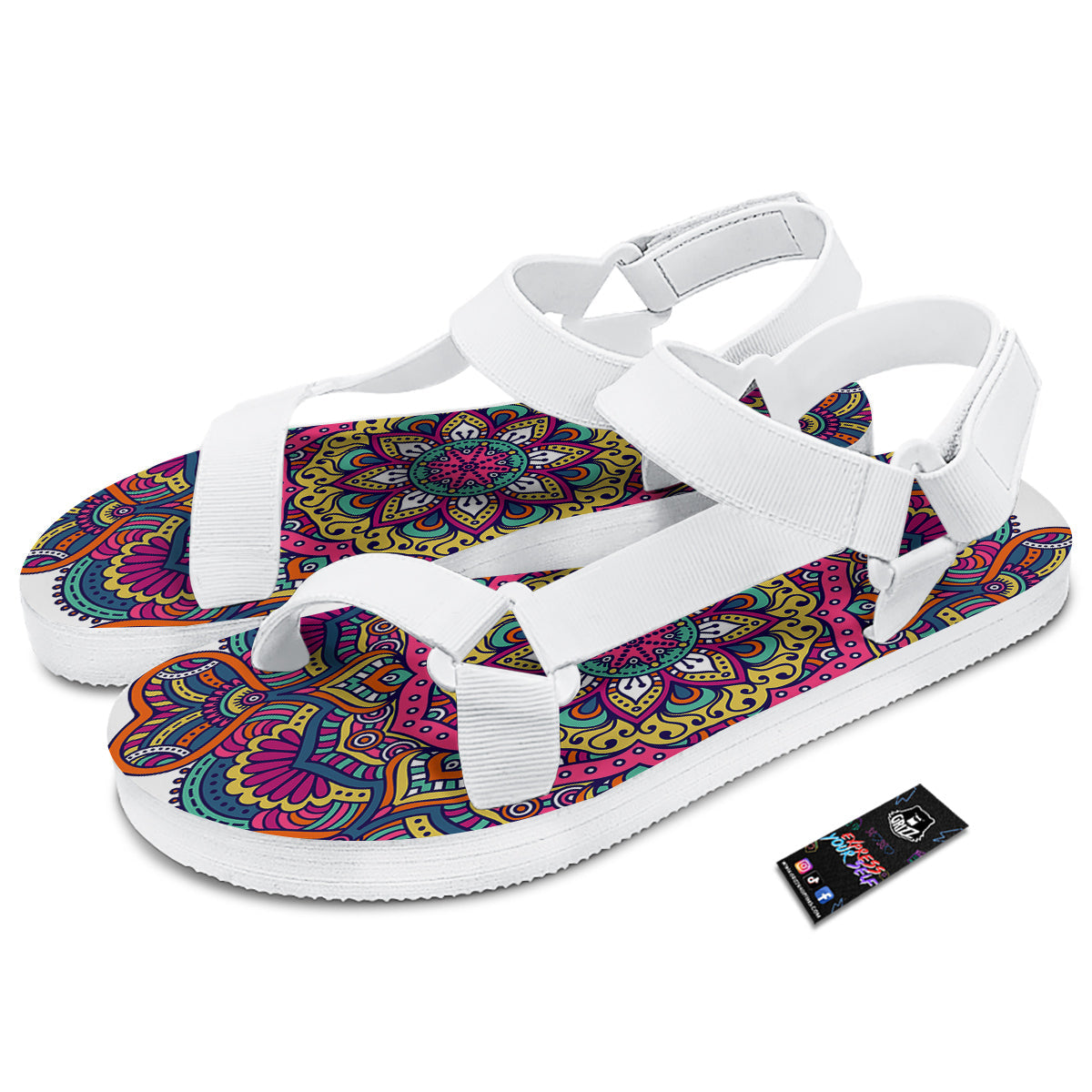Paisley Boho Colorful Print White Open Toe Sandals-grizzshop