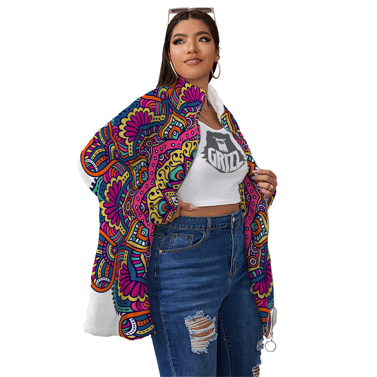Paisley Boho Colorful Print Women's Sherpa Jacket-grizzshop