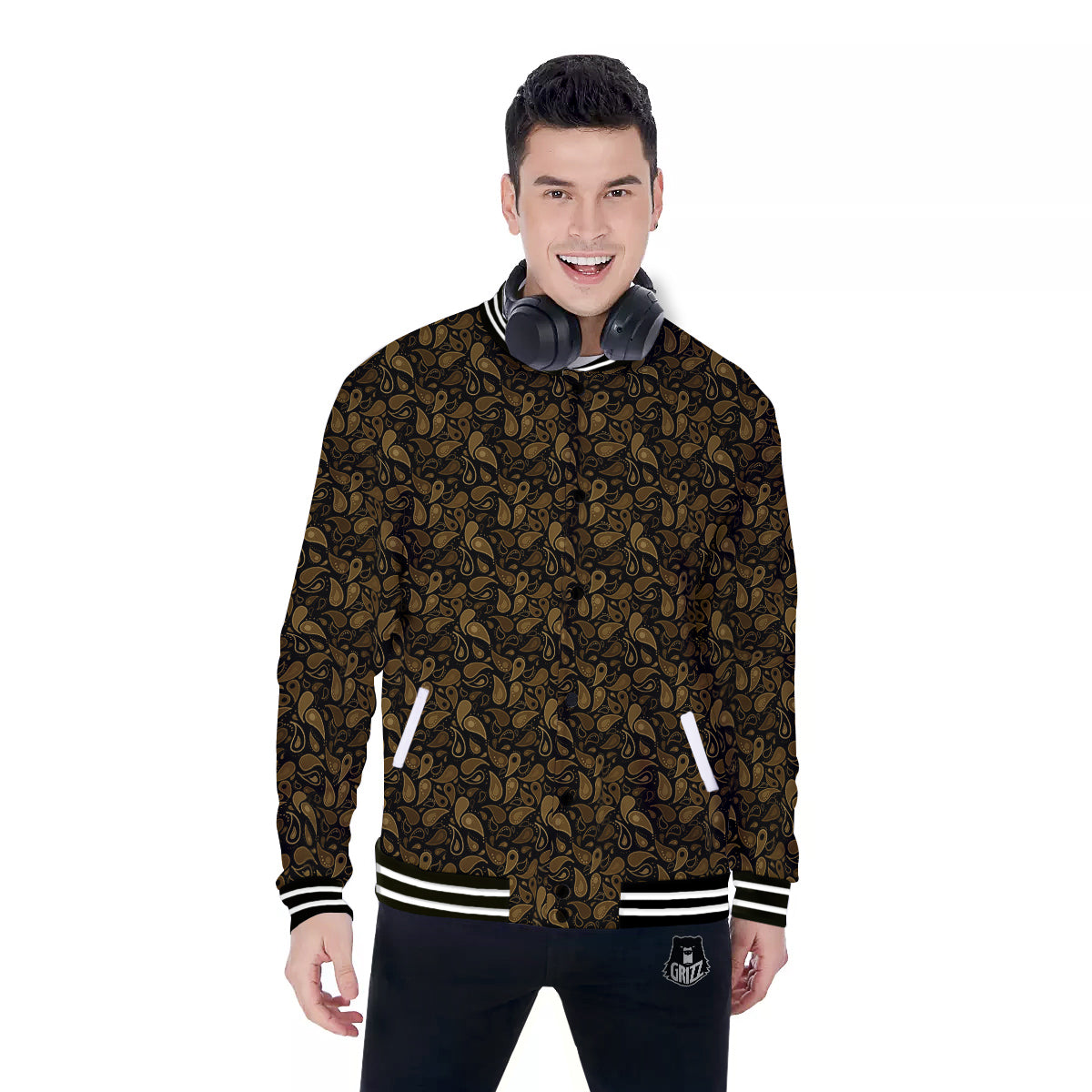 Paisley Dark Brown Print Pattern Baseball Jacket-grizzshop