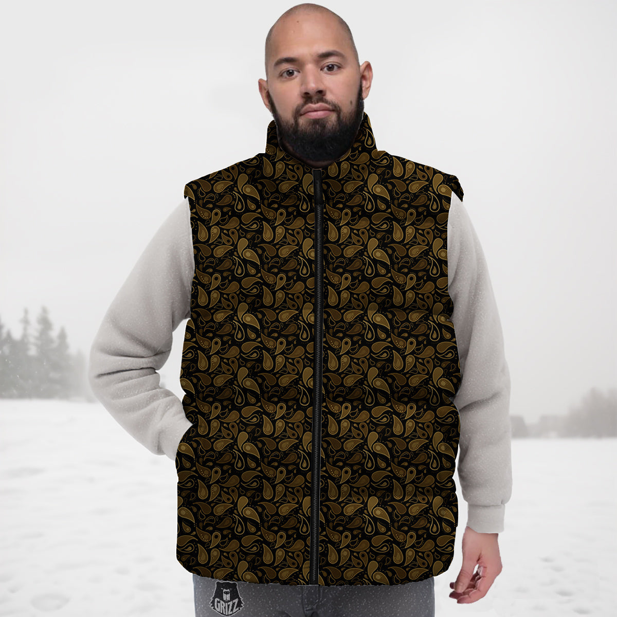 Paisley Dark Brown Print Pattern Down Vest