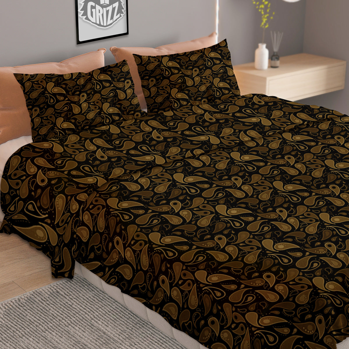 Paisley Dark Brown Print Pattern Duvet Cover Bedding Set