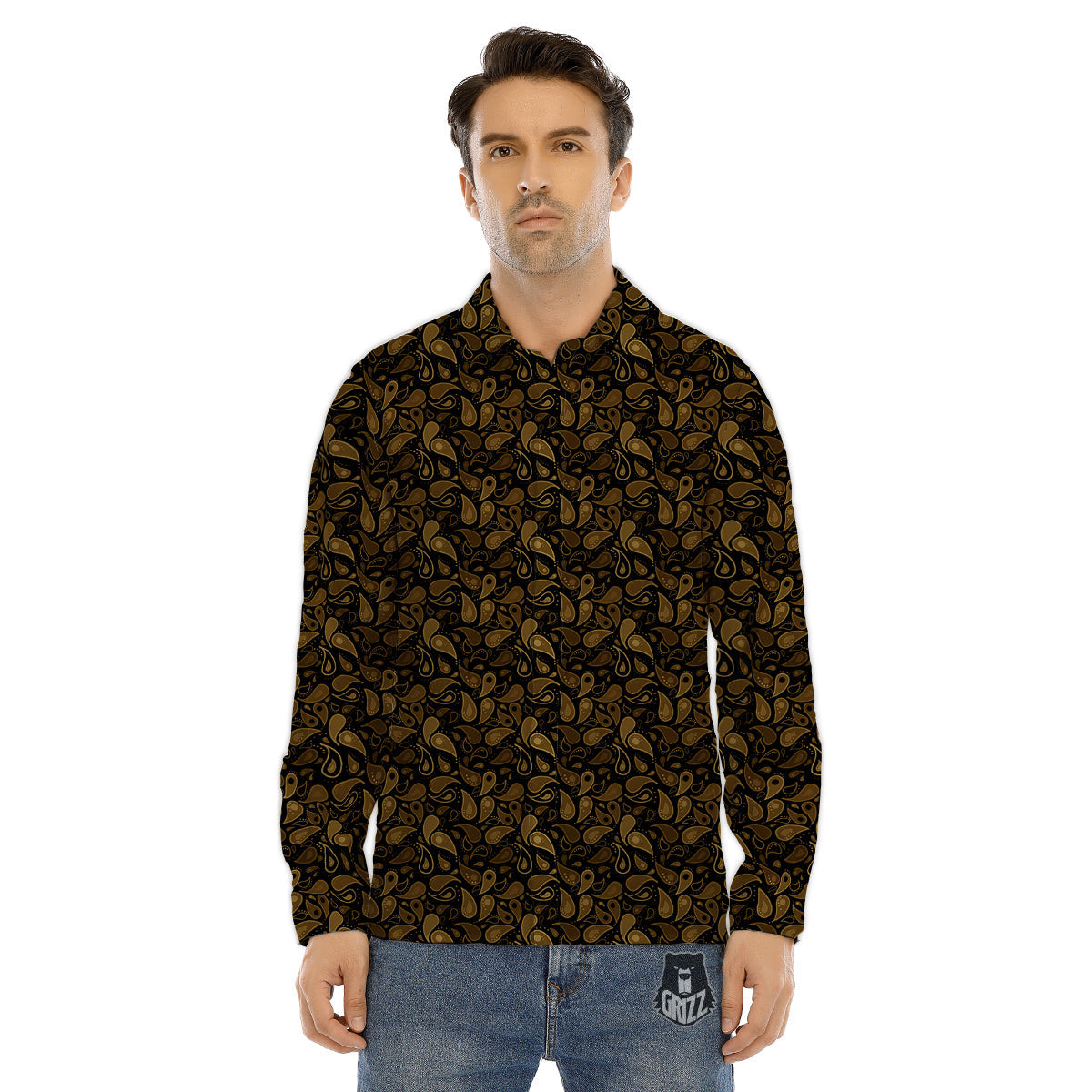 Paisley Dark Brown Print Pattern Men's Dress Shirts-grizzshop