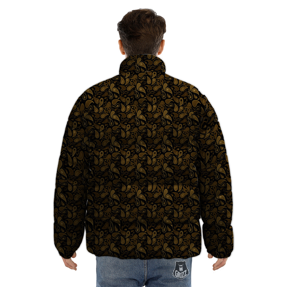 Paisley Dark Brown Print Pattern Puffer Jacket-grizzshop