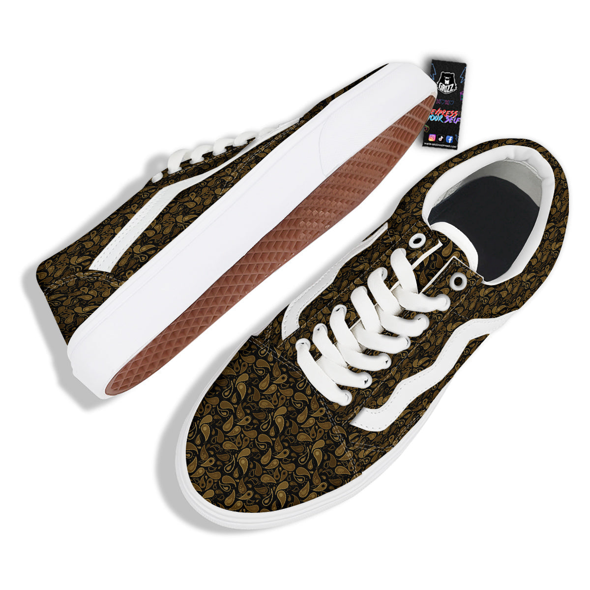 Paisley Dark Brown Print Pattern Skate Shoes-grizzshop