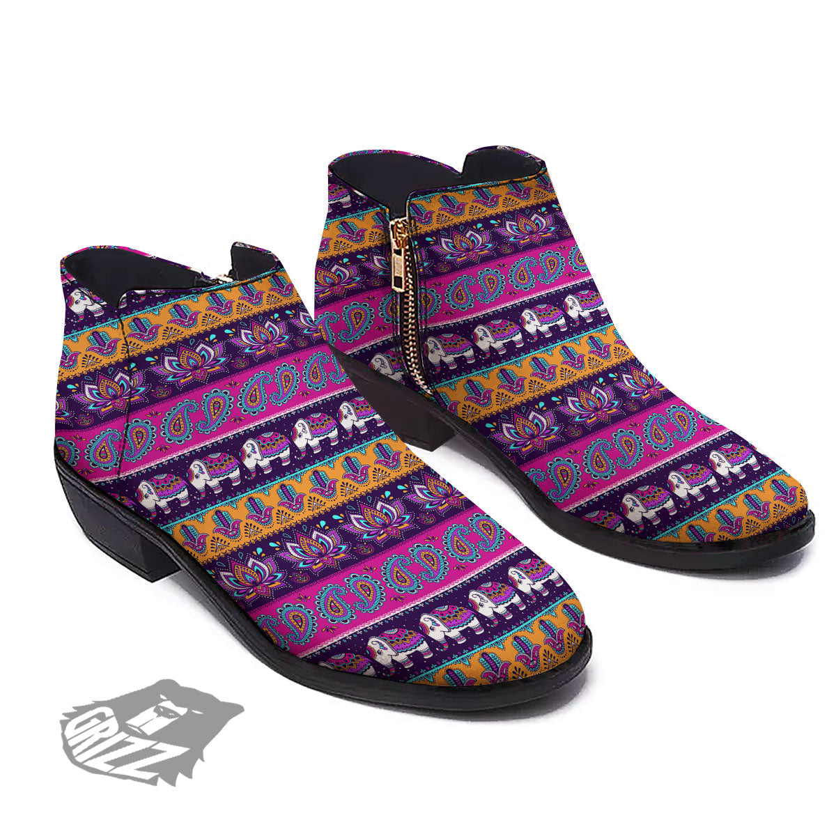 Paisley Elephant Hamsa Print Pattern Ankle Boots-grizzshop